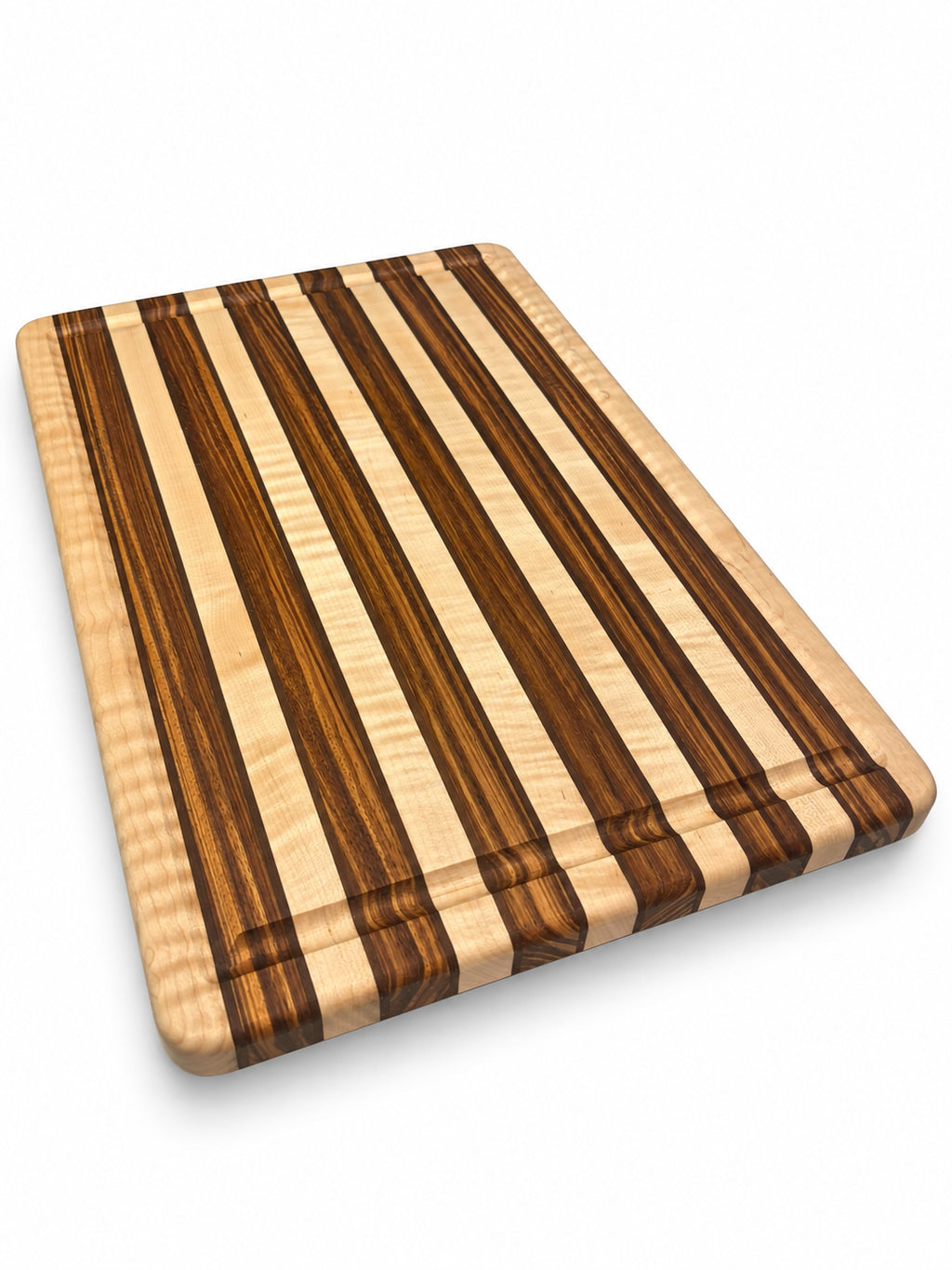Zebrawood, Curly Maple & Peruvian Walnut Cutting Board – 18” × 12”