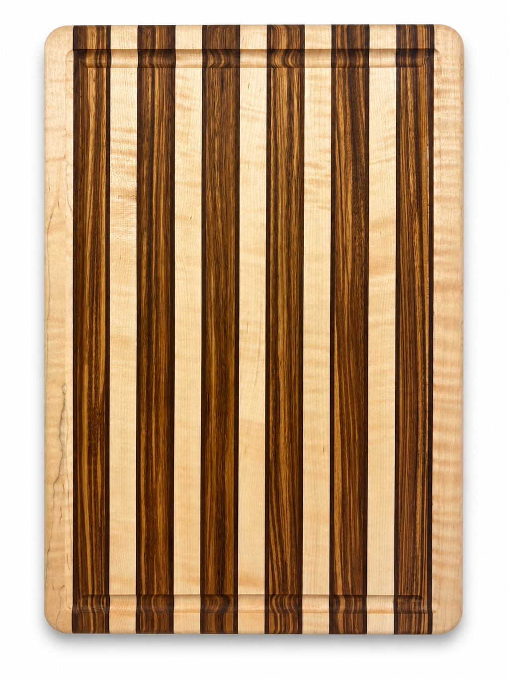 Zebrawood, Curly Maple & Peruvian Walnut Cutting Board – 18” × 12”
