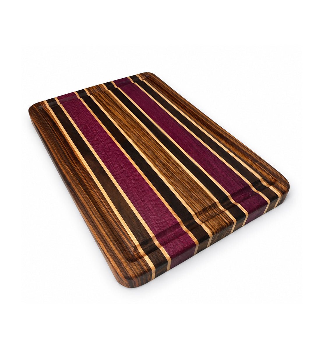 11.5” x 8.5” Handcrafted Cutting Board with Juice Groove – Zebrawood, Purpleheart, Maple & Wengé