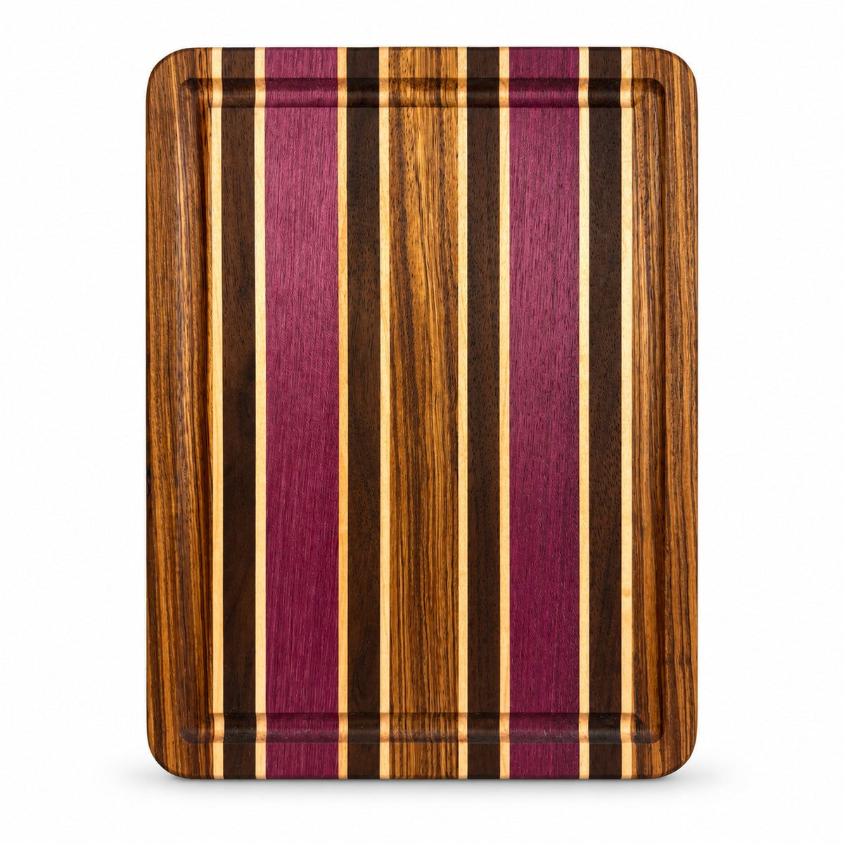 11.5” x 8.5” Handcrafted Cutting Board with Juice Groove – Zebrawood, Purpleheart, Maple & Wengé