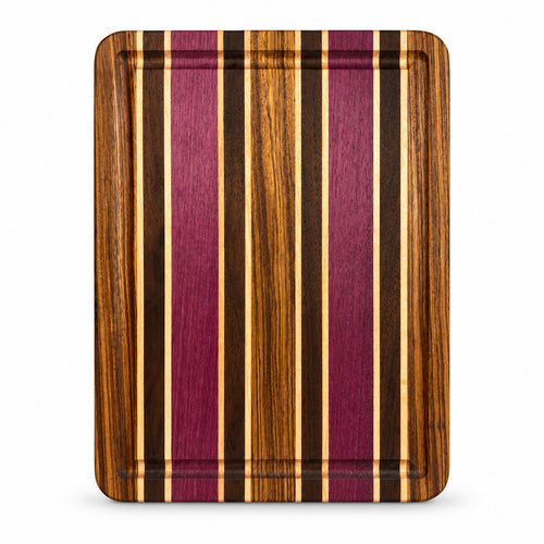 11.5” x 8.5” Handcrafted Cutting Board with Juice Groove – Zebrawood, Purpleheart, Maple & Wengé