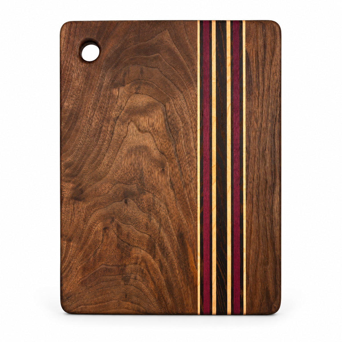 12” x 8.5” Handcrafted Cutting Board – Walnut, Purpleheart, Wengé & Maple