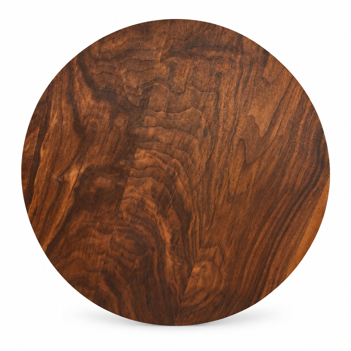 A round wooden serving board with a rich dark brown Walnut wood grain pattern