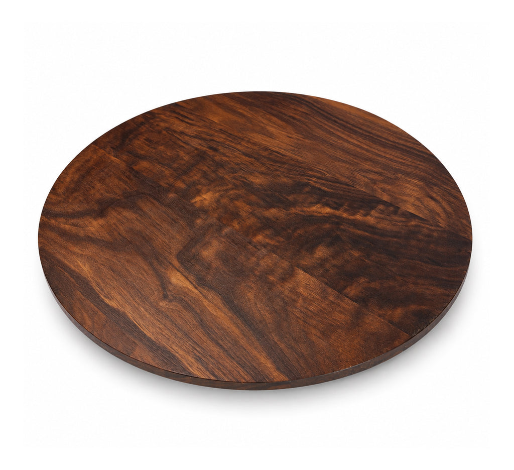 A round wooden serving board with a rich dark brown wood grain pattern. Spinning Lazy Susan